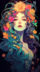 Hand drawn cartoon illustration of a beautiful spring goddess wearing a wreath on her head
