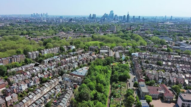 London, England: Aerial view of capital city of UK, Highbury Fields Park in Islington on sunny summer day - landscape panorama of United Kingdom from above