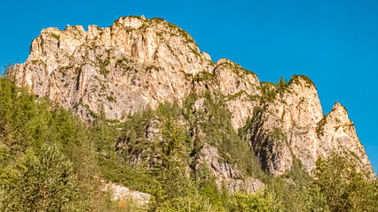 Alpine summer view at Lake Duerrensee, Lago di Landro, Toblach, South Tyrol, Italy