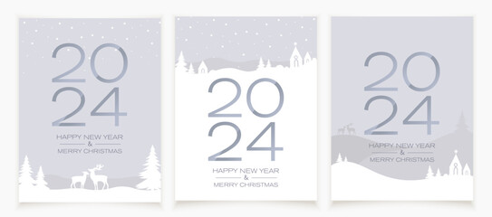 Merry Christmas and Happy New Year greeting cards. 2024 with snowy forest with spruce. Christmas card in minimalistic design.	