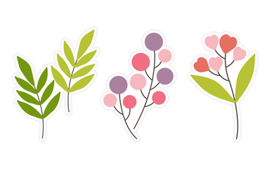 Set of flowers, floral and leaf stickers elements isolated on a white background. Spring stickers for scrapbooking, planner, greeting card and more.