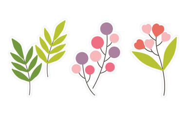 Set of flowers, floral and leaf stickers elements isolated on a white background. Spring stickers for scrapbooking, planner, greeting card and more.
