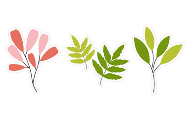 Set of flowers, floral and leaf stickers elements isolated on a white background. Spring stickers for scrapbooking, planner, greeting card and more.