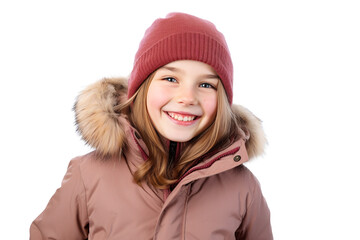 Portrait of a smiling teenage girl in a pink winter jacket and hat isolated on a white transparent background