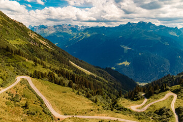 Fototapeta na wymiar Alpine summer view at Mount Kreuzjoch, Schruns, Bludenz, Montafon, Sylvretta, Vorarlberg, Austria