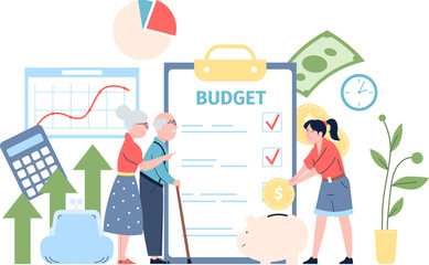 Pension fund planning. Money investment on long term, banking system for senior people. Plan on savings, social service recent vector scene