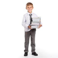 Little businessman bring stack of books isolated white background. AI generated image