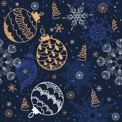 Merry Christmas, Happy New Year seamless pattern with snowflakes and bells for greeting cards, wrapping paper. Doodles. Seamless colorful winter pattern. Vector illustration.