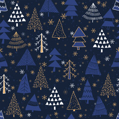 Christmas seamless pattern for greeting cards, wrapping paper. Hand drawn winter background from doodle Christmas trees, snowflakes, deer and dogs. Vector illustration.