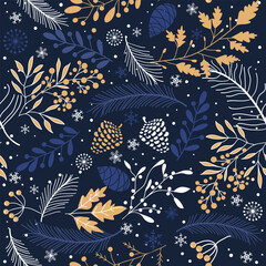 Merry Christmas, Happy New Year seamless pattern with fir branch, holly leaves and berries for greeting cards, wrapping paper. Seamless winter pattern. Vector illustration. - 669910977