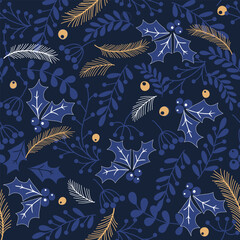 Merry Christmas, Happy New Year seamless pattern with fir branch, holly leaves and berries for greeting cards, wrapping paper. Seamless winter pattern. Vector illustration.