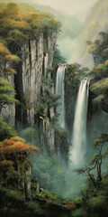 Misty mountains with waterfalls, Chinese traditional painting. Chinese painting in ink and watercolor.