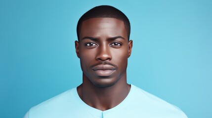 Portrait of a handsome elegant sexy African man with dark and perfect skin, on a light blue background.