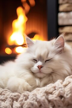 A white cat is sleeping near the fireplace 