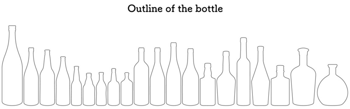 お酒の瓶のアウトラインセット、日本酒の一升瓶と瓶ビールやワインやウィスキーボトル