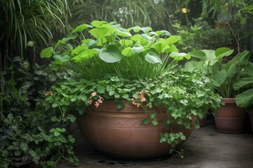 Plant in a pot surrounded by lush greenery. Generative AI