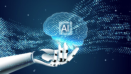 robot hand holds artificial intelligence brain with hexagon style dots wave background
