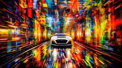 Fast car, colorful streets, vibrant city lights, blurred motion, dynamic energy. Speeding vehicle,...