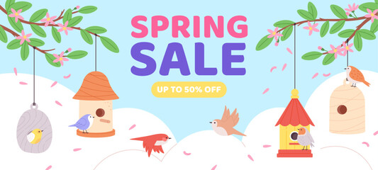 Seasonal sale banner with birdhouses and flat birds. Hello spring flyer design, discount in store poster. Wooden birdhouse racy vector background