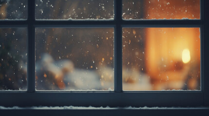 Window from inside with falling snowflakes and a Christmas bokeh background - obrazy, fototapety, plakaty