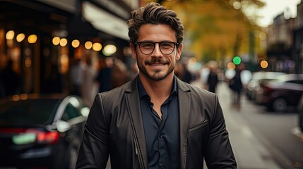 Young buisnessman wearing eyeglasses, jacket and shirt, holding arms crossed, looking at camera with happy confident smile, standing against background. Man portrait illustration. Generative AI