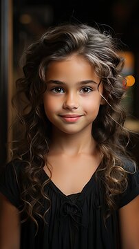 Close up head shot portrait image with smiling little brown-haired girl. Concept happy and beauty kid with good healthy teeth for dental on background. People portrait illustration. Generative AI