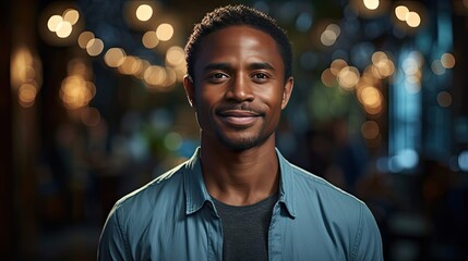 Image of handsome smiling young african man standing over background. Looking camera. Man face portrait illustration. Generative AI
