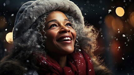 Thoughtful senior african american women wearing santa claus hat and have face time. Cool Christmas concept. Generative AI