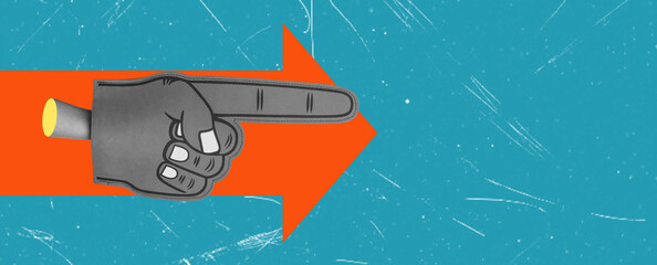 Digital collage of contemporary art. Hand pointing with finger with red arrow.