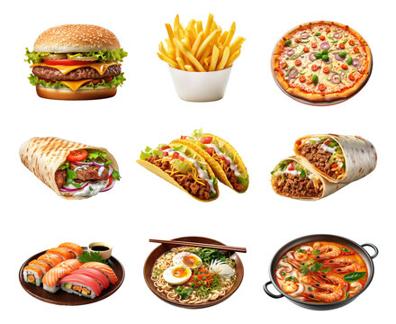 realistic national food set. set of clipart national foods. hamburger, french fries, pizza, kebab, tacos, burritos, sushi, ramen, tom yum kung.