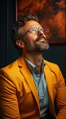 Fototapeta premium Portrait of charming mature man true boss feel content emotions wear yellow shirt over blue color background. Model portrait illustration. Generative AI