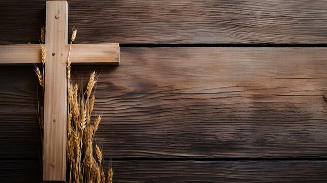 a wooden cross against a simple, rustic background. conveying the humility of the Christian faith. copy space. generative AI