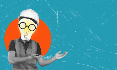 Abstract modern collage. Worker in protective helmet and vest. A light bulb instead of a head.