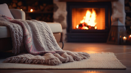 Plaid blanket by a lit fireplace
