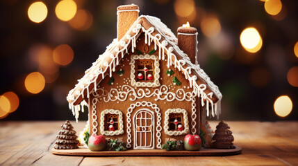 Gingerbread house on the wooden table