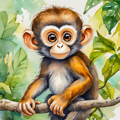 Obraz premium Cute little monkey cartoon in watercolor painting style.
