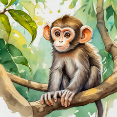 Obraz premium Cute little monkey cartoon in watercolor painting style.