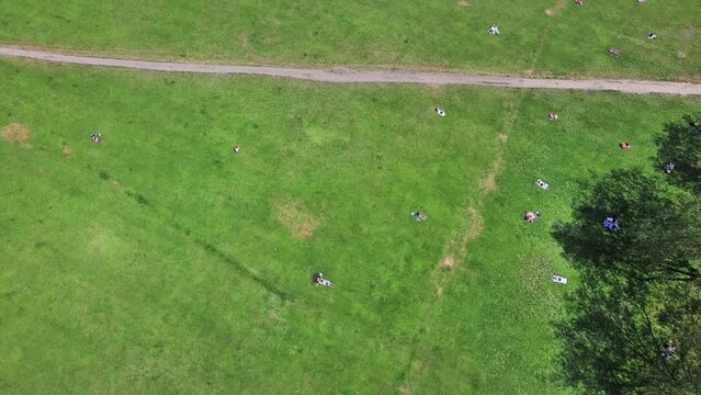 London, England: Aerial view of capital city of UK, Highbury Fields Park in Islington on sunny summer day - landscape panorama of United Kingdom from above