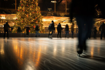 AI Generated Image. Unrecognizable people at the Christmas decorated ice skating rink in the night city - 669913521
