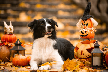 Border collie in autumn in a Halloween themed location with pumpkins
