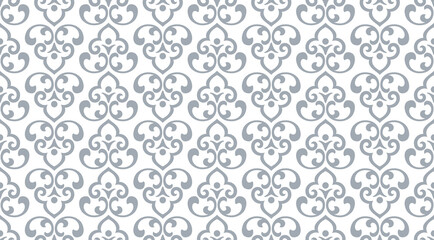 Wallpaper in the style of Baroque. Seamless vector background. White and gray floral ornament. Graphic pattern for fabric, wallpaper, packaging. Ornate Damask flower ornament.