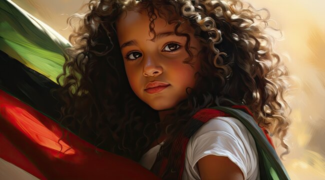 A little Palestinian girl stands next to her country's flag. Brunette with curly hair and looking straight at the camera.