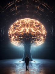 Man Stands in Front of Futuristic AI Brain