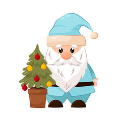 Christmas gnome in a blue suit with a Christmas tree. Gnome in flat style on a white background.