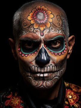 Man in Sugar Skull Makeup for Dia De Los Muertos Day of the Dead Celebrations