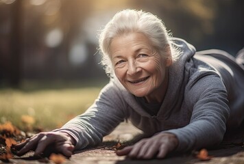 Portrait of an elderly woman doing yoga in nature - obrazy, fototapety, plakaty