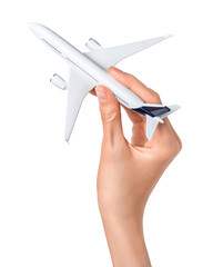 Hand holding airplane isolated over white or transparent background. Flight, travel concept