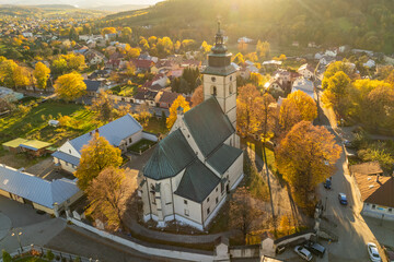 Aerial view of the Stary Sacz town in autumn at sunset, Poland