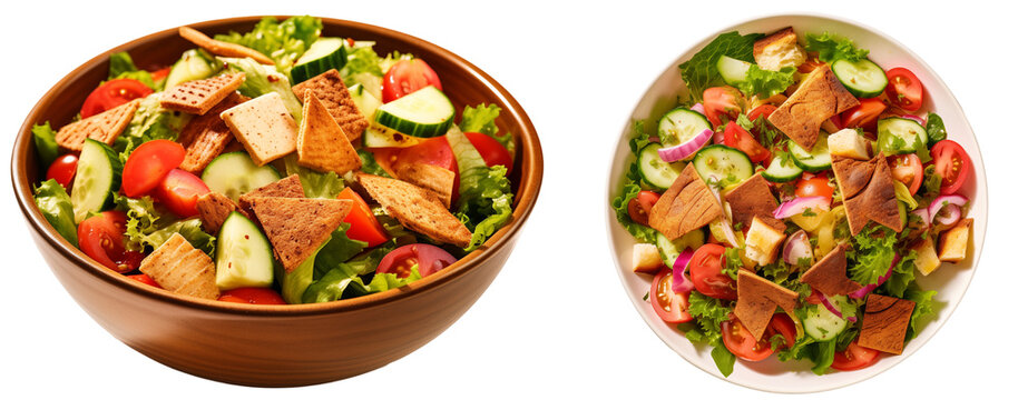Fattoush bundle, a Middle Eastern bread salad with sumac isolated on transparent background