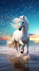 Obraz na płótnie Canvas a beautiful white wild horse with very Long hair running in a soft white sand beach